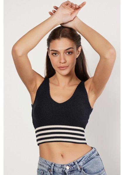 Kadın Lacivert %100 Organik Pamuk Likralı Crop Triko Atlet Örme Bluz TRIST-6106