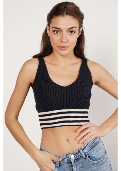 Kadın Lacivert %100 Organik Pamuk Likralı Crop Triko Atlet Örme Bluz TRIST-6106