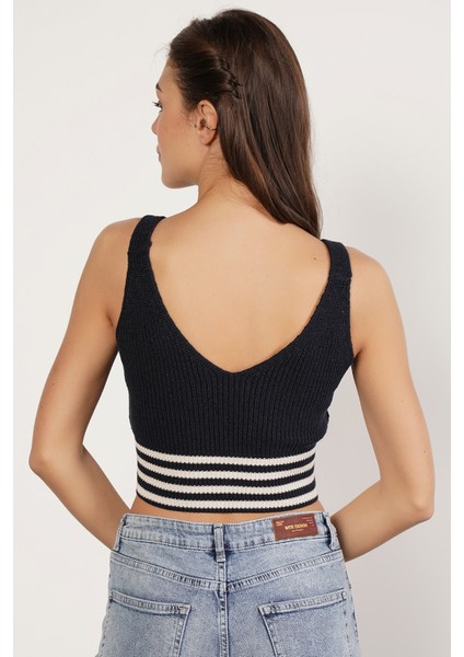 Kadın Lacivert %100 Organik Pamuk Likralı Crop Triko Atlet Örme Bluz TRIST-6106