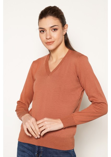Kadın Kiremit %100 Organik Pamuk V Yaka Triko Kazak Bluz TRIST-6102