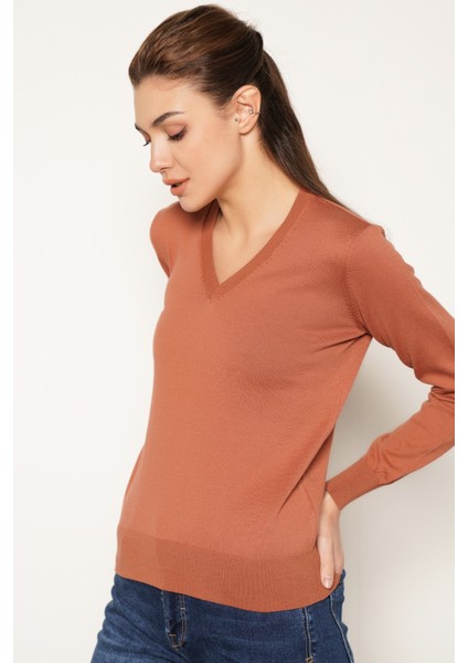 Kadın Kiremit %100 Organik Pamuk V Yaka Triko Kazak Bluz TRIST-6102 fiyatları