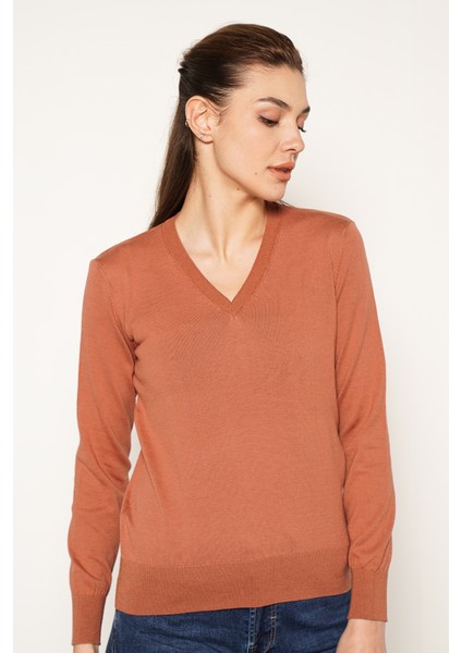 Kadın Kiremit %100 Organik Pamuk V Yaka Triko Kazak Bluz TRIST-6102 modelleri