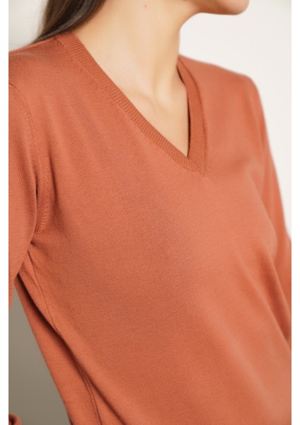 Kadın Kiremit %100 Organik Pamuk V Yaka Triko Kazak Bluz TRIST-6102 fırsatları