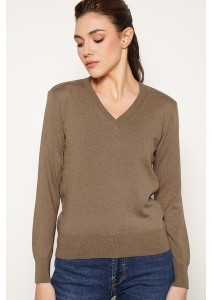 Kadın Vizon %100 Organik Pamuk V Yaka Triko Kazak Bluz TRIST-6102