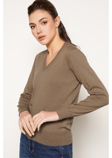 Kadın Vizon %100 Organik Pamuk V Yaka Triko Kazak Bluz TRIST-6102 fiyatları
