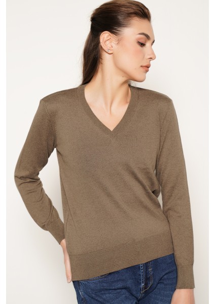Kadın Vizon %100 Organik Pamuk V Yaka Triko Kazak Bluz TRIST-6102 modelleri