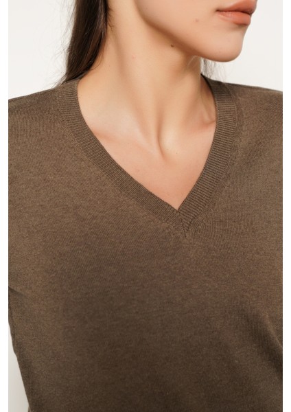 Kadın Vizon %100 Organik Pamuk V Yaka Triko Kazak Bluz TRIST-6102 fırsatları