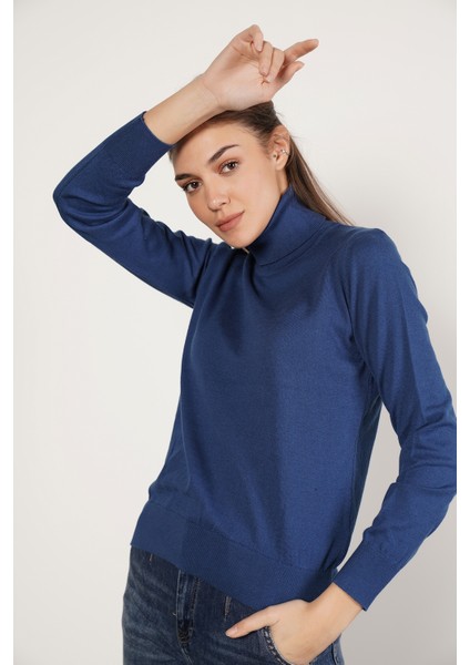 Kadın İndigo %100 Organik Pamuk Balıkçı Yaka Triko Kazak TRIST-6103