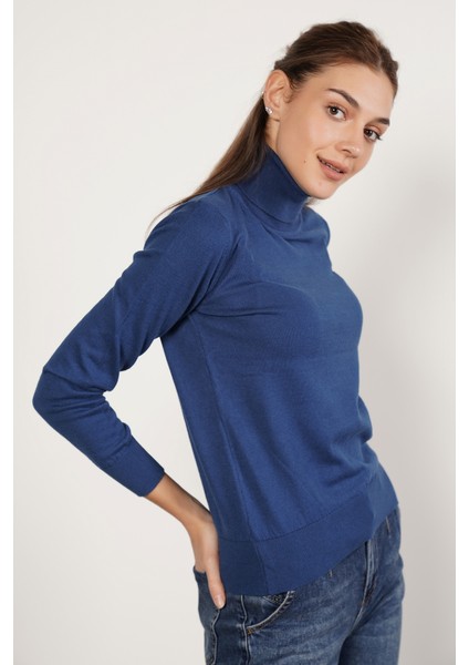 Kadın İndigo %100 Organik Pamuk Balıkçı Yaka Triko Kazak TRIST-6103 modelleri