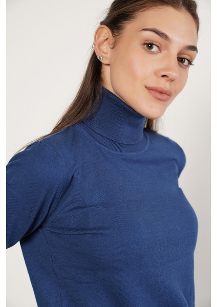 Kadın İndigo %100 Organik Pamuk Balıkçı Yaka Triko Kazak TRIST-6103 fırsatları