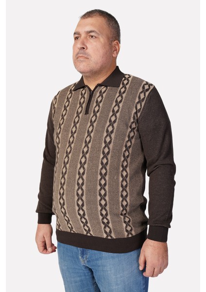 Büyük Beden KAHVE Polo Yaka Fermuarlı Pamuklu Erkek Kazak fiyatları