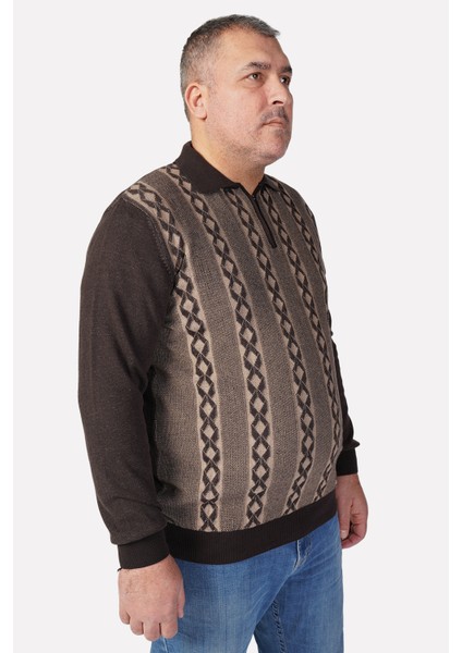 Büyük Beden KAHVE Polo Yaka Fermuarlı Pamuklu Erkek Kazak modelleri