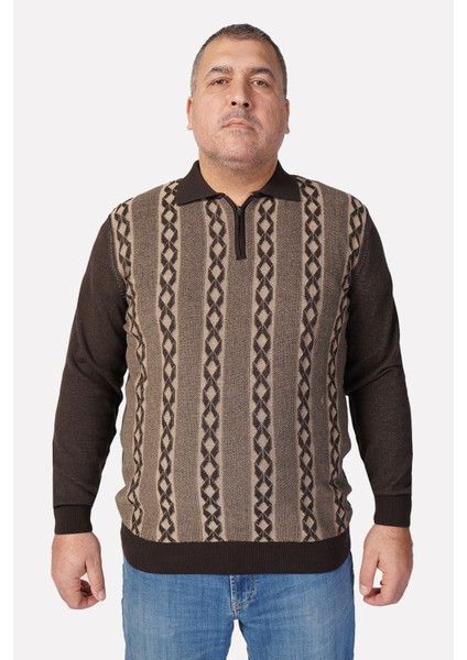 Büyük Beden KAHVE Polo Yaka Fermuarlı Pamuklu Erkek Kazak indirimleri