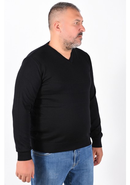 Büyük Beden Erkek Siyah %100 Pamuk V Yaka Kazak TRIST-2102 modelleri