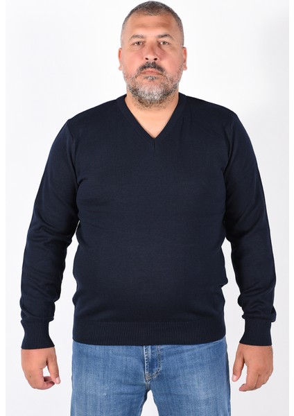 Büyük Beden Erkek Lacivert %100 Pamuk V Yaka Kazak TRIST-2102