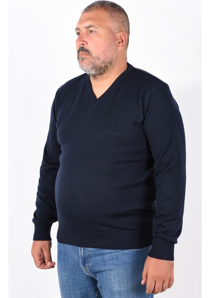 Büyük Beden Erkek Lacivert %100 Pamuk V Yaka Kazak TRIST-2102 fiyatları
