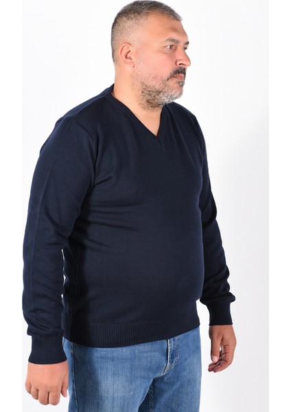 Büyük Beden Erkek Lacivert %100 Pamuk V Yaka Kazak TRIST-2102 modelleri