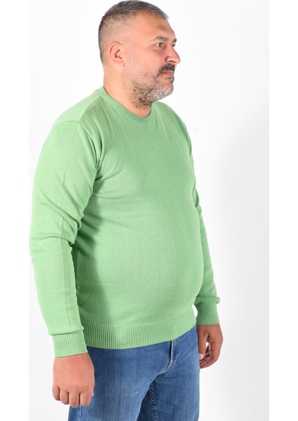 Büyük Beden Fıstık Yeşili %100 Pamuk Bisiklet Yaka Erkek Kazak TRIST-2101 modelleri