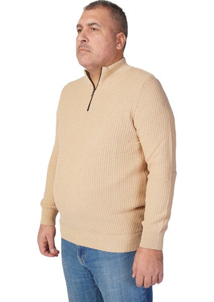 Büyük Beden BEJ Dik Yaka Fermuarlı Pamuklu Erkek Kazak fiyatları