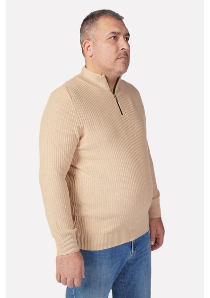 Büyük Beden BEJ Dik Yaka Fermuarlı Pamuklu Erkek Kazak modelleri