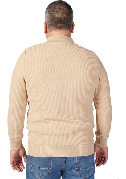 Büyük Beden BEJ Dik Yaka Fermuarlı Pamuklu Erkek Kazak fırsatları