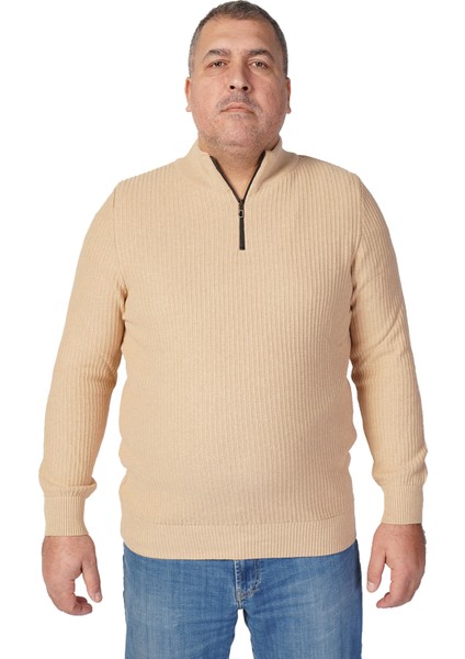 Büyük Beden BEJ Dik Yaka Fermuarlı Pamuklu Erkek Kazak indirimleri