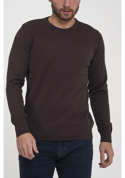 Erkek Kahve %100 Pamuk Bisiklet Yaka Triko Kazak TRIST-1101