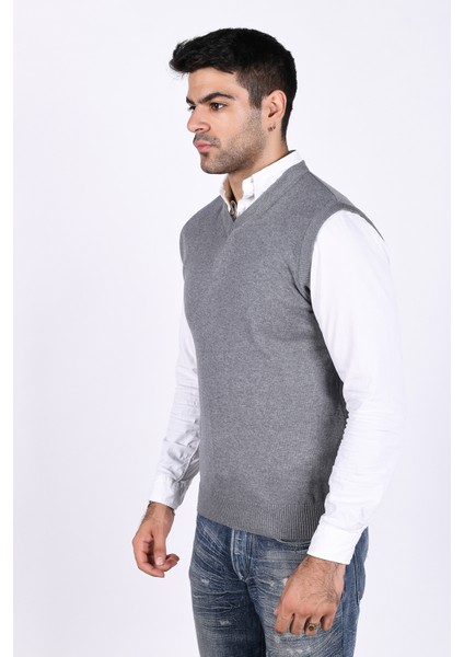 Erkek Koyu Gri %100 Pamuk V Yaka Triko Süveter TRIST-1103 indirimleri