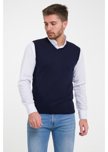 Erkek Lacivert %100 Pamuk V Yaka Triko Süveter TRIST-1103 fiyatları