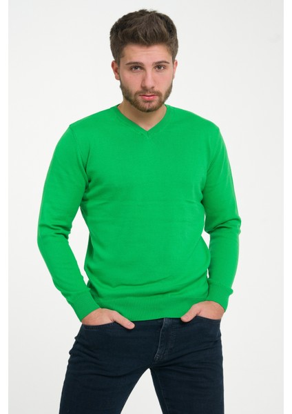 Erkek Çimen Yeşili %100 Pamuk Bisiklet Yaka Triko Kazak TRIST-1102 modelleri