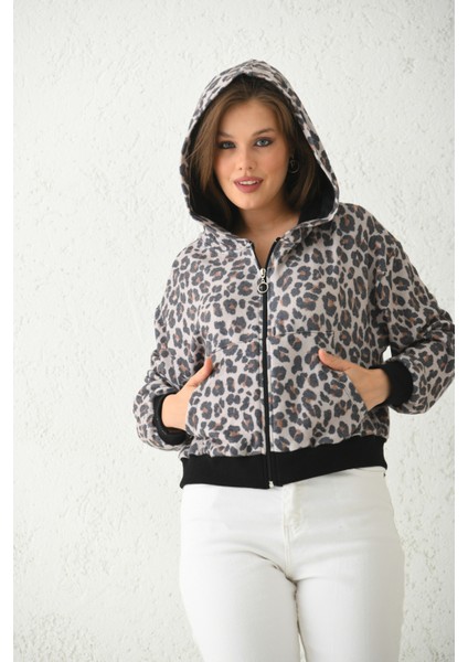 Bej Kapüşonlu Leopar Baskılı Sweatshirt modelleri