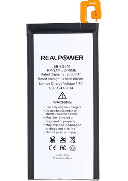 Real Power Samsung Galaxy J5 Prime G570 Uyumlu Yüksek Kapasiteli Batarya Pil 2600mAh