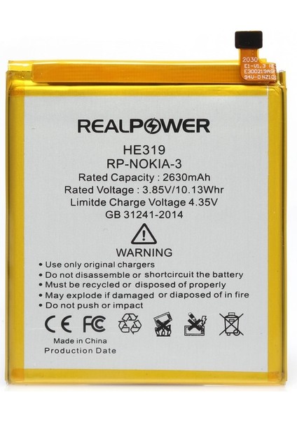 Real Power Nokia 3 Uyumlu Yüksek Kapasiteli Batarya Pil 2630mAh