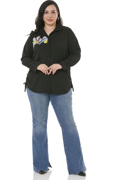 Büyük Beden Yaprak Baskılı Yanları Bağlama Detaylı Bayan Siyah Gömlek