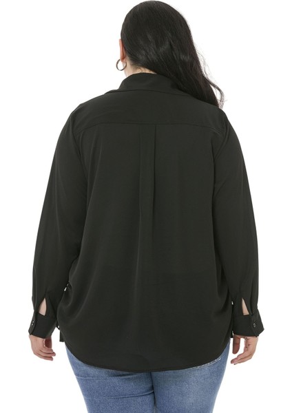 Büyük Beden Yaprak Baskılı Yanları Bağlama Detaylı Bayan Siyah Gömlek modelleri