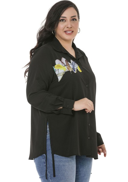 Büyük Beden Yaprak Baskılı Yanları Bağlama Detaylı Bayan Siyah Gömlek fırsatları