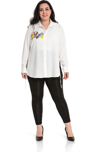 Büyük Beden Yaprak Baskılı Yanları Bağlama Detaylı Bayan Beyaz Gömlek