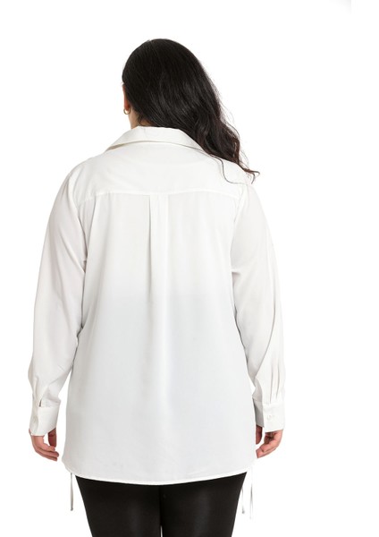 Büyük Beden Yaprak Baskılı Yanları Bağlama Detaylı Bayan Beyaz Gömlek modelleri