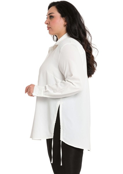 Büyük Beden Yaprak Baskılı Yanları Bağlama Detaylı Bayan Beyaz Gömlek fırsatları