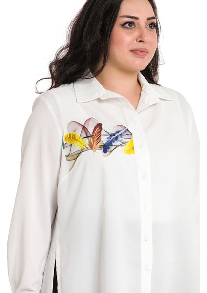 Büyük Beden Yaprak Baskılı Yanları Bağlama Detaylı Bayan Beyaz Gömlek indirimleri