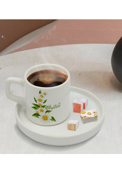 Kişiye Özel Papatya Tasarımlı Sunum Tabaklı Türk Kahvesi Fincanı Model 8 modelleri