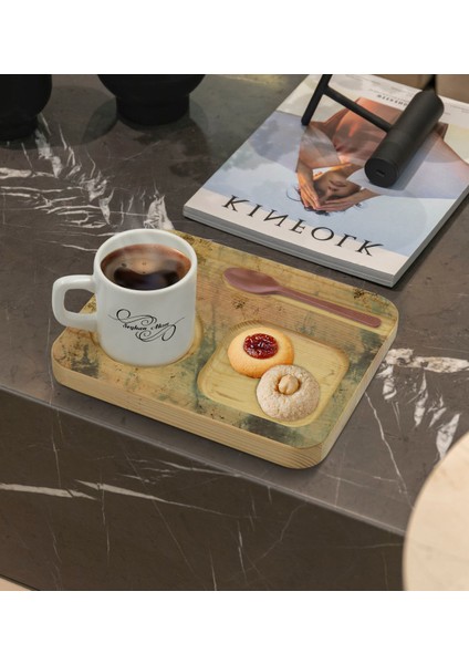 Kişiye Özel Doğal Ahşap Sunum Tabağı ve Türk Kahvesi Fincanı Hediye Seti - Model 20