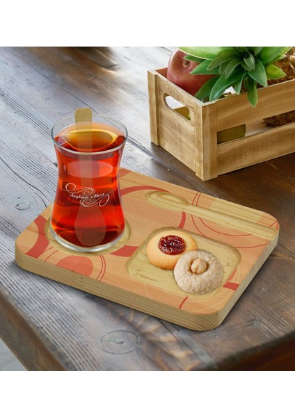 Kişiye Özel Doğal Ahşap Kaşıklı Sunum Tabağı ve Heybeli Çay Bardağı Hediye Seti - Model 5