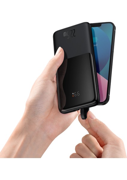 Dijital Ekranlı 22.5W 10.000 Mah Lightning & Type-C Kablolu Powerbank Siyah