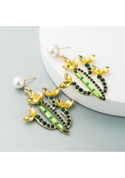 Adet Kaktüs Alaşımlı Retro Küpe Renkli Rhinestones (Kahve) (Yurt Dışından)