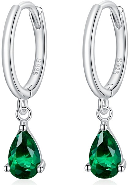 S925 Gümüş Su Damlası Zirkon Kadın Küpe (Yeşil) (Yurt Dışından)
