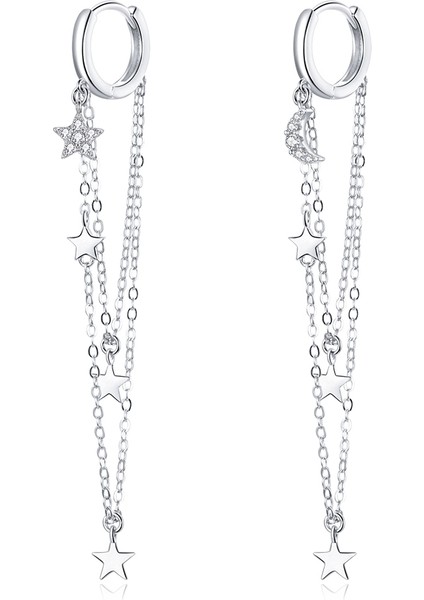 S925 Sterlıng Silver Star Moon Tassel Kadın Küpe (Yurt Dışından)