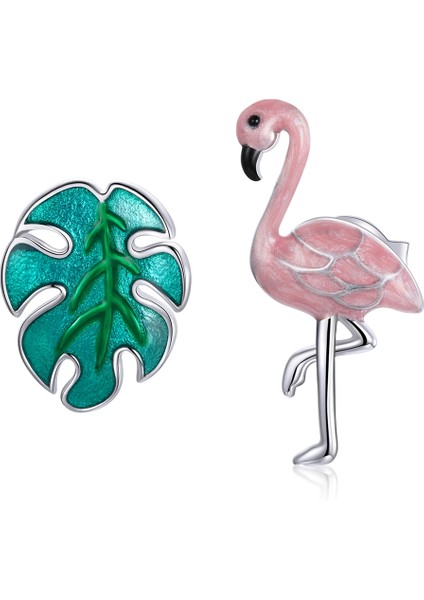 S925 Gümüş Yapraklar Flamingo Ear Studs Kadın Küpe (Yurt Dışından)