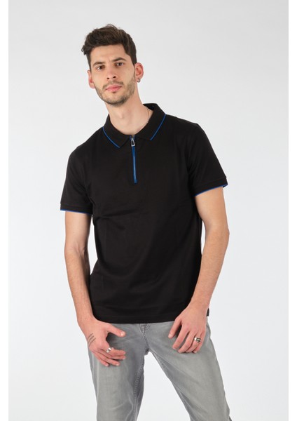 Polo Yaka Slim Fit Fermuarlı Kısa Kollu Siyah Erkek T-Shirt 61782212