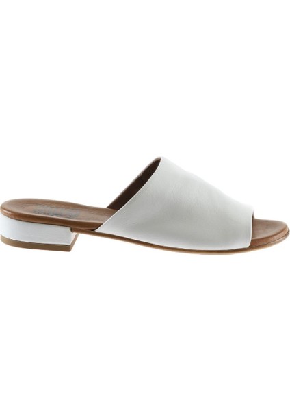 Beyaz Deri Kadın Düz Terlik